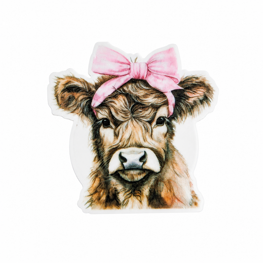Pink bow Highland cow plastic add-on featuring a cute farm animal design, compatible with interchangeable badge reel bases, animal lover accessory