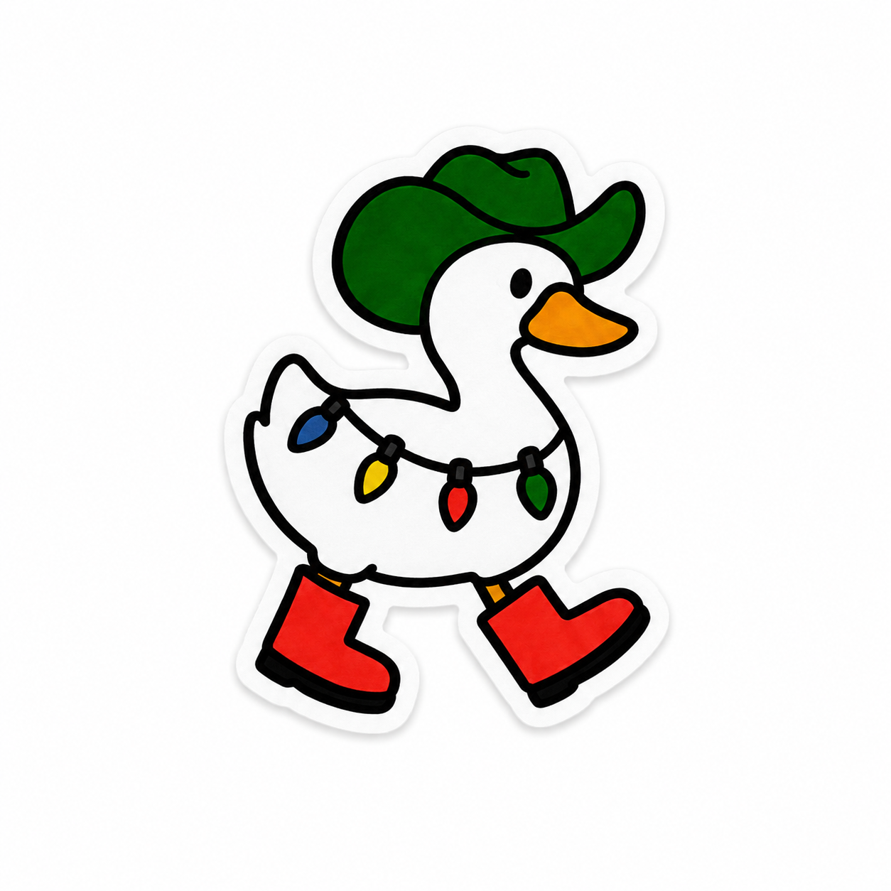 Festive goose plastic add-on with green cowboy hat, Christmas lights, and red boots for compatible interchangeable badge reel bases.