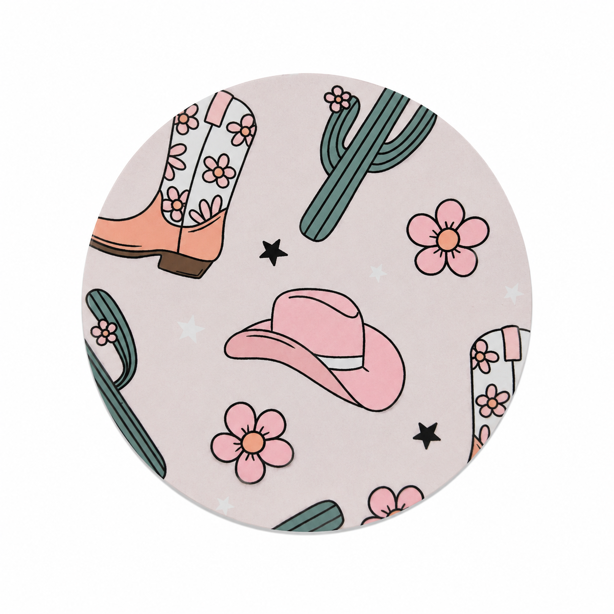 Cowgirl western hard board add-on featuring a cowboy hat, floral boots, cacti, flowers, and stars, compatible with interchangeable badge reel bases.