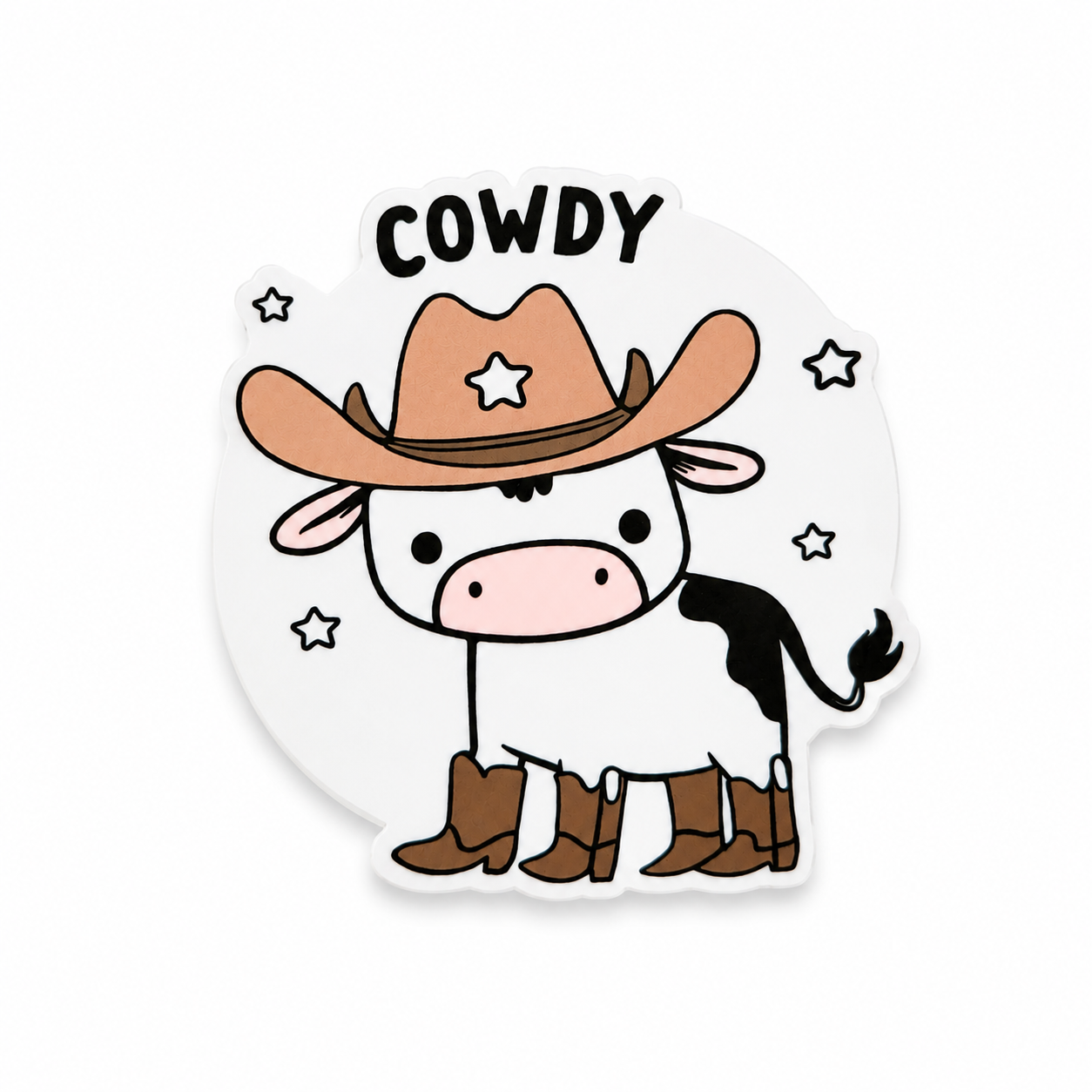 COWDY plastic add-on featuring a cute cow wearing a cowboy hat and boots, compatible with interchangeable badge reel bases, western cow lover accessory