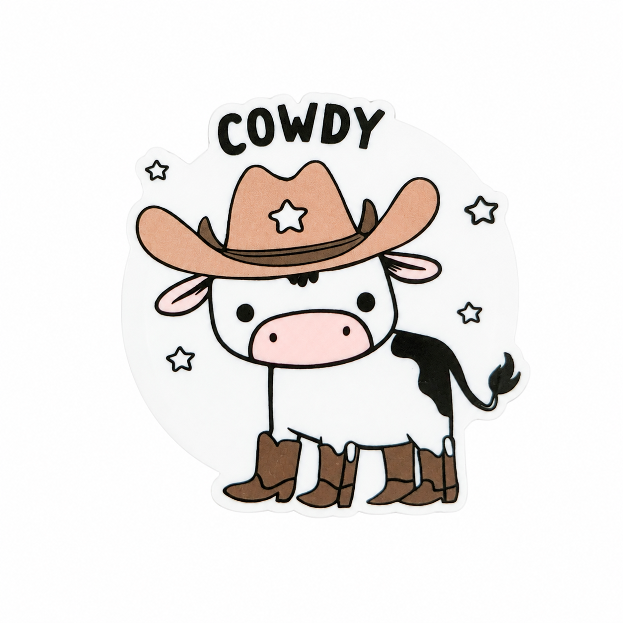 COWDY plastic add-on featuring a cute cow wearing a cowboy hat and boots, compatible with interchangeable badge reel bases, western cow lover accessory