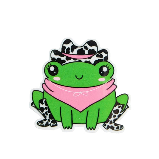 Cowgirl frog plastic add-on featuring a green frog with a pink bandana, cow print cowboy hat, and cow print boots, compatible with interchangeable badge reel bases