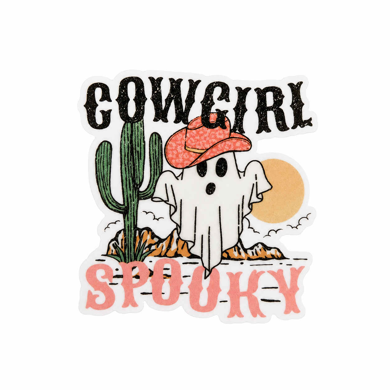 Cowgirl Spooky plastic add-on with ghost, pink cowgirl hat, cactus, and western Halloween design, compatible with interchangeable badge reel bases.