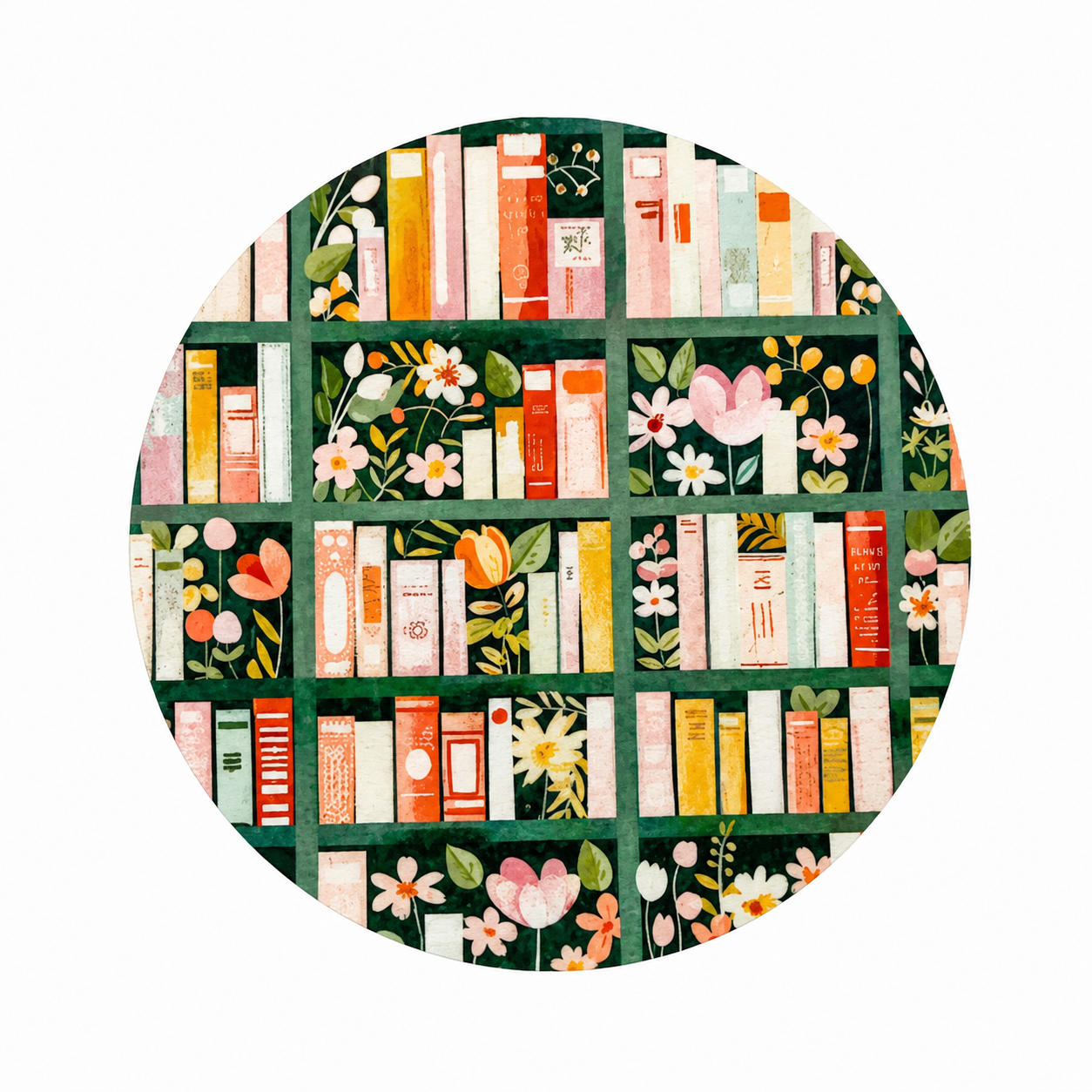 Hard board add-on featuring colorful bookshelves filled with books, flowers, and botanical greenery, compatible with interchangeable badge reel bases.