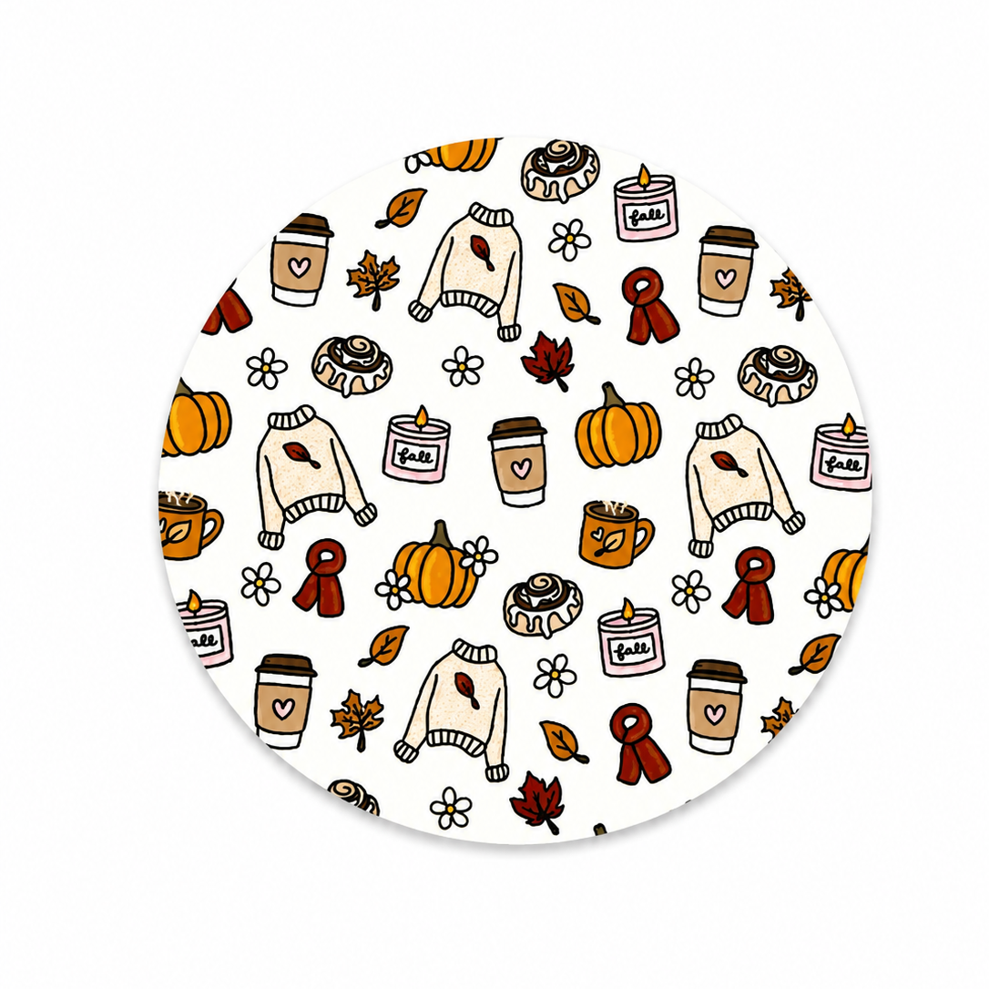 Hard board add-on featuring pumpkins, coffee cups, sweaters, cinnamon rolls, candles, flowers, and autumn leaves, compatible with interchangeable badge reel bases.