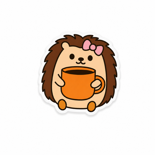 Cute hedgehog plastic add-on holding a cozy mug compatible with interchangeable badge reel bases for nurses and healthcare workers.