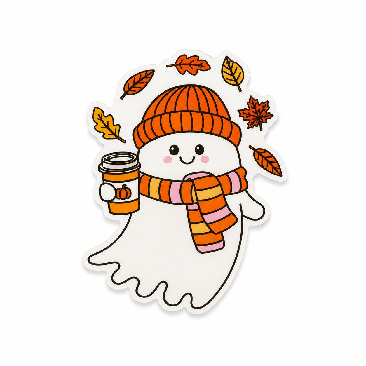 Cute ghost plastic add-on with pumpkin spice coffee, scarf, and fall leaves compatible with interchangeable badge reel bases