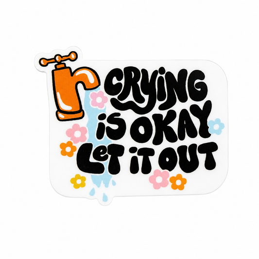 crying is okay let it out plastic add-on with spray bottle, flowers, and tear details, compatible with interchangeable badge reel bases, mental health support accessory.