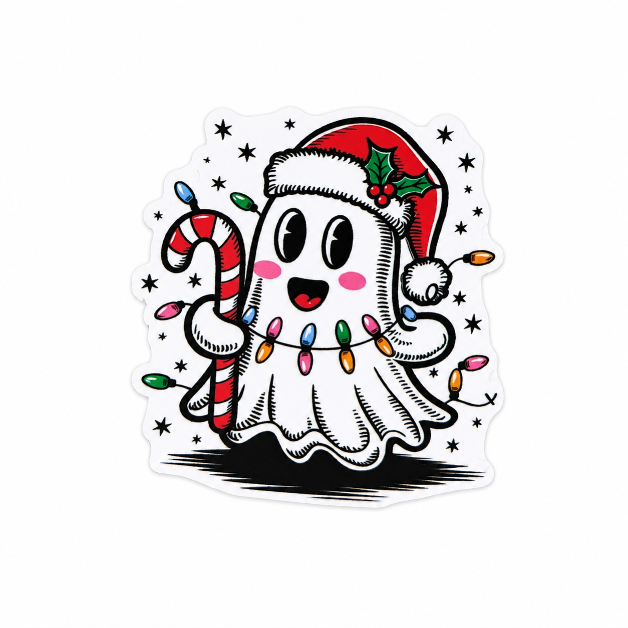 Cute Christmas ghost plastic add-on featuring a Santa hat, candy cane, and colorful Christmas lights, compatible with interchangeable badge reel bases.