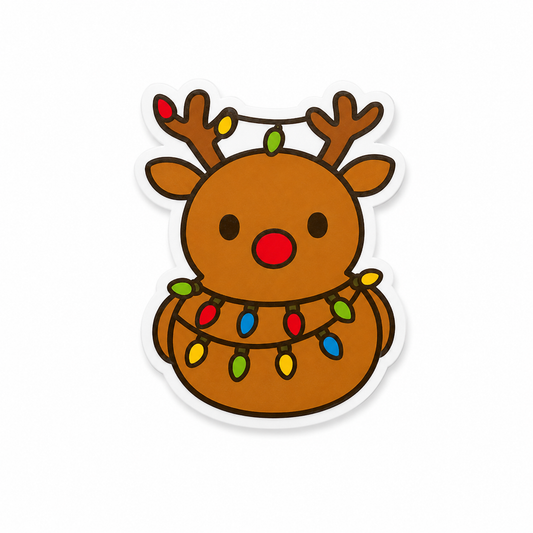 Cute reindeer plastic add-on with colorful Christmas lights for compatible interchangeable badge reel bases and festive healthcare accessories.