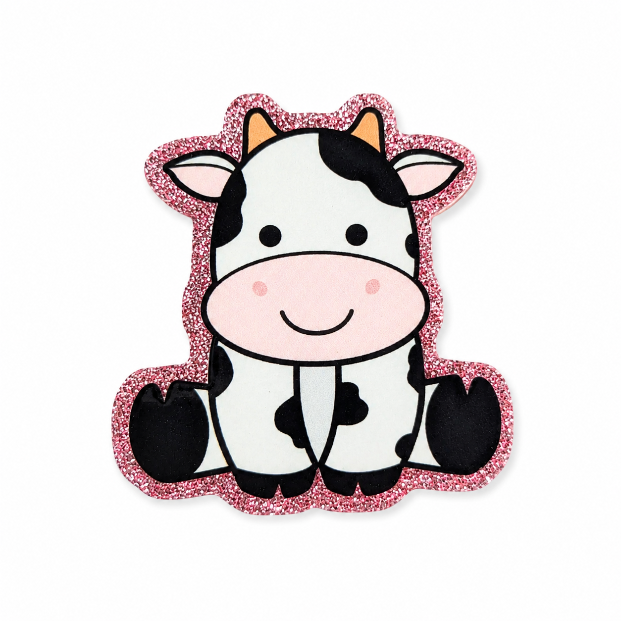 Cute cow plastic add-on featuring a black and white cow on a pink glitter-inspired background, compatible with interchangeable badge reel bases and perfect for cow lovers.