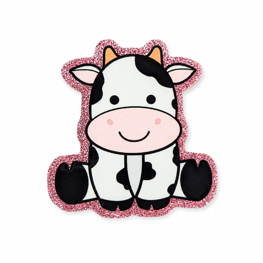 Cute cow plastic add-on featuring a black and white cow on a pink glitter-inspired background, compatible with interchangeable badge reel bases and perfect for cow lovers.