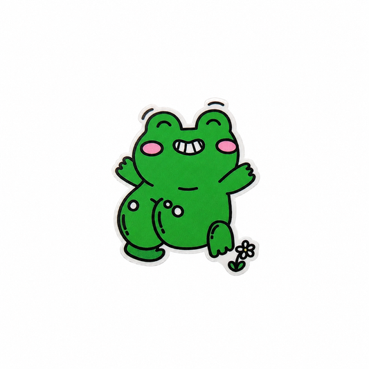 Cute frog plastic add-on featuring a smiling green frog and small flower, compatible with interchangeable badge reel bases, perfect for frog lovers and animal fans