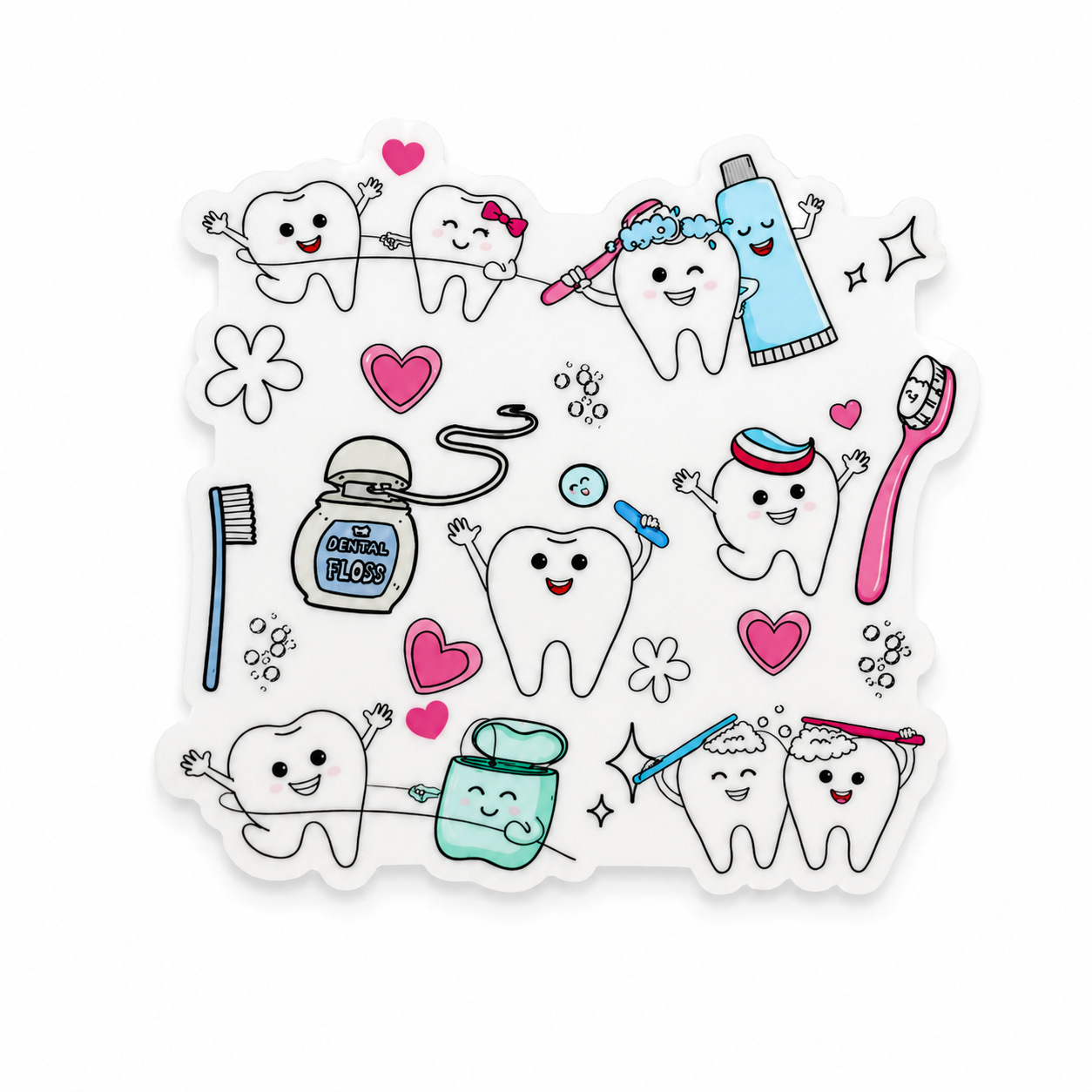 Cute Dental Teeth plastic add-on featuring smiling teeth, toothbrushes, toothpaste, dental floss, and hearts, compatible with interchangeable badge reel bases.