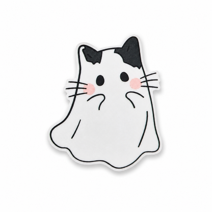 Cute ghost cat plastic add-on featuring a white cat ghost with pink cheeks and black ears, compatible with interchangeable badge reel bases and perfect for cat lovers.