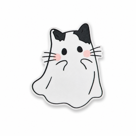 Cute ghost cat plastic add-on featuring a white cat ghost with pink cheeks and black ears, compatible with interchangeable badge reel bases and perfect for cat lovers.