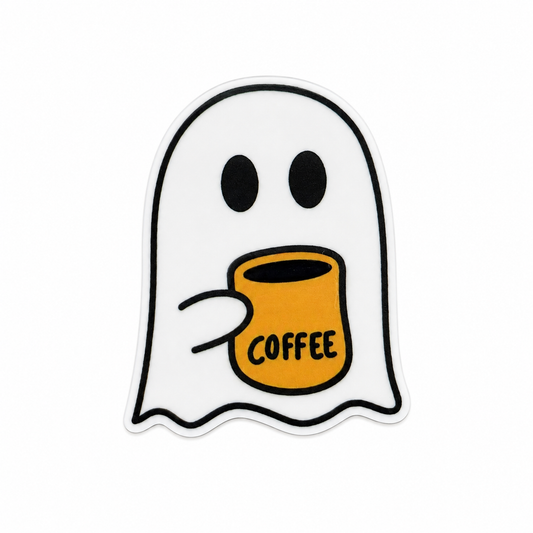 Plastic add-on featuring a cute ghost holding a mug labeled "COFFEE," compatible with interchangeable badge reel bases and perfect for coffee lovers and spooky season fans.