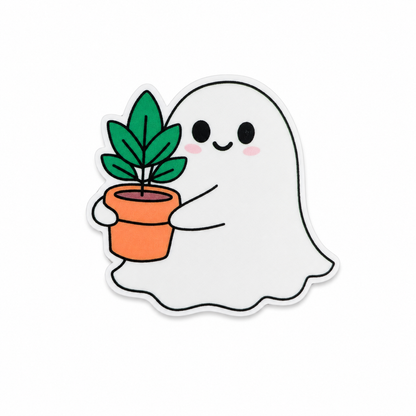 Plastic add-on featuring a cute smiling ghost holding a potted plant, compatible with interchangeable badge reel bases and perfect for plant lovers and Halloween fans.