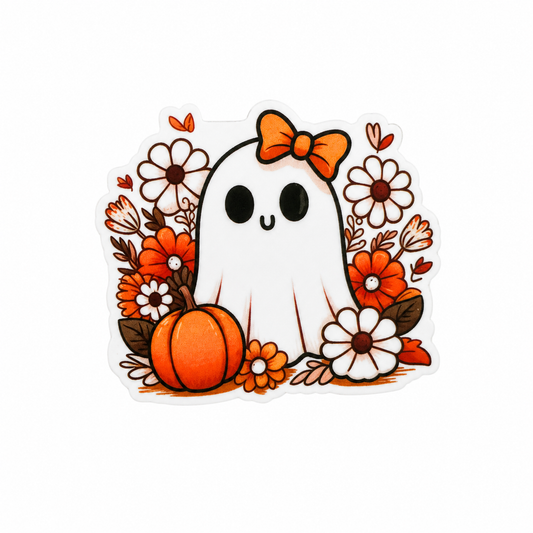 Plastic add-on featuring a cute ghost with an orange bow, pumpkin, and autumn flowers, compatible with interchangeable badge reel bases and perfect for Halloween accessories.