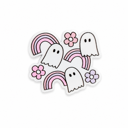 Cute ghost rainbow plastic add-on with pastel rainbows and flowers, spooky floral accessory compatible with interchangeable badge reel bases.
