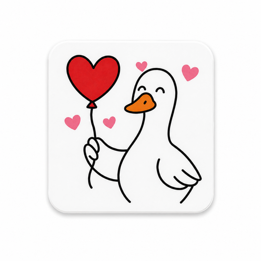 Cute goose Valentine plastic add-on for compatible interchangeable badge reel bases holding a heart balloon