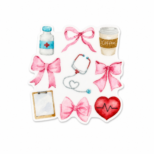 Plastic add-on featuring pastel healthcare essentials including a stethoscope, clipboard, coffee cup, medication bottle, pink bows, and heart design, compatible with interchangeable badge reel bases and perfect for nurses and healthcare workers.