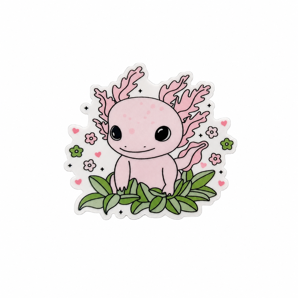 Cute pink axolotl plastic add-on surrounded by flowers and greenery, compatible with interchangeable badge reel bases and perfect for axolotl lovers