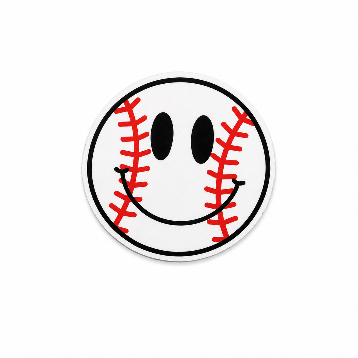 Cute smiley baseball plastic add-on with red stitching, sporty baseball design, and compatibility with interchangeable badge reel bases
