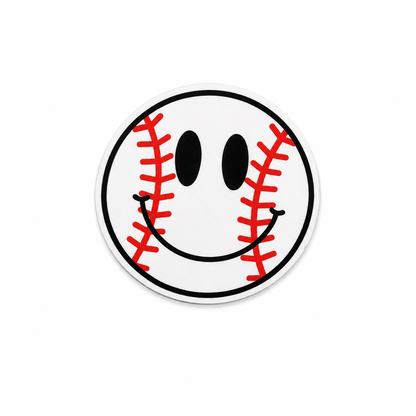 Cute smiley baseball plastic add-on with red stitching, sporty baseball design, and compatibility with interchangeable badge reel bases
