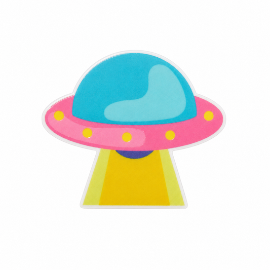 Plastic add-on featuring a colorful pink and blue UFO design compatible with interchangeable badge reel bases, perfect as an alien lover accessory.