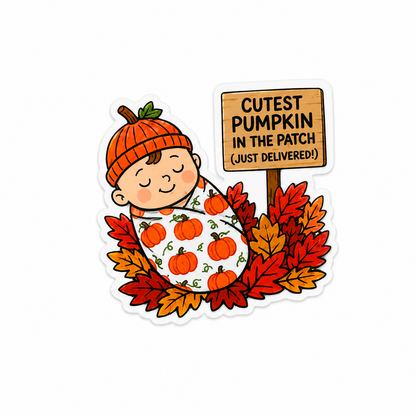 Cutest Pumpkin in the Patch Just Delivered plastic add-on featuring a swaddled pumpkin baby and fall leaves for compatible interchangeable badge reel bases