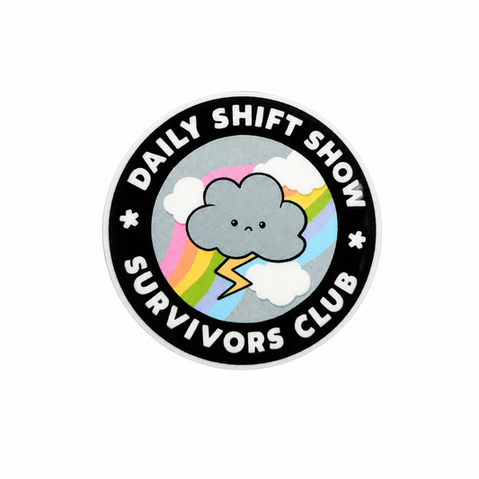 DAILY SHIFT SHOW SURVIVORS CLUB plastic add-on featuring a cute storm cloud, rainbow, and lightning bolt design, compatible with interchangeable badge reel bases, funny healthcare worker accessory
