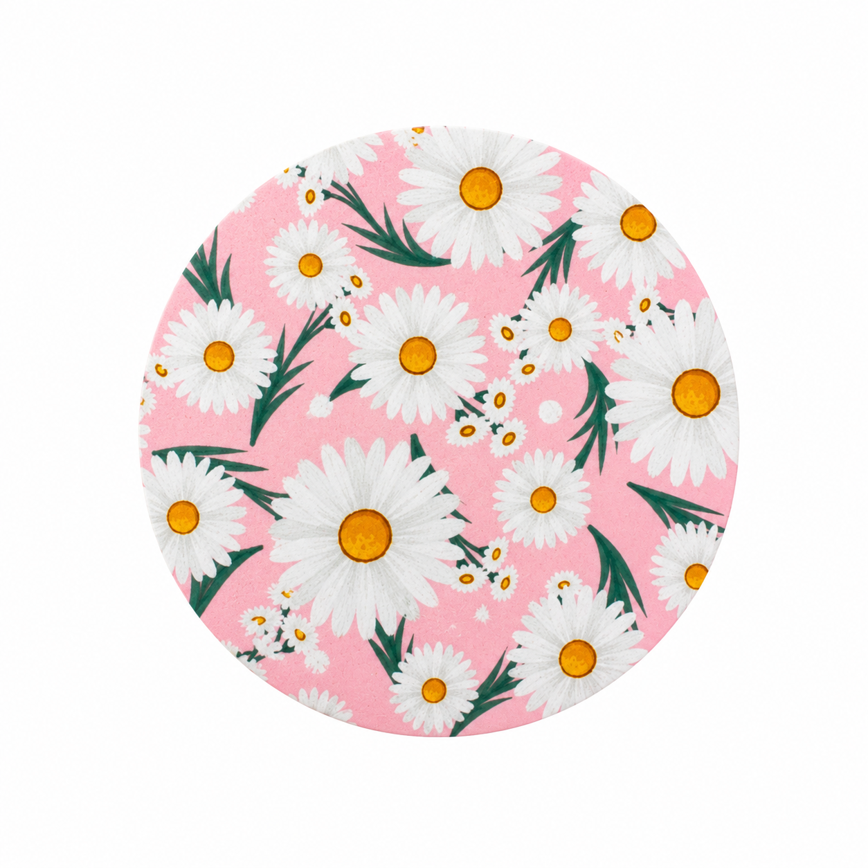 Pink Daisy Floral hard board add-on featuring white daisies with yellow centers on a soft pink background, compatible with interchangeable badge reel bases.