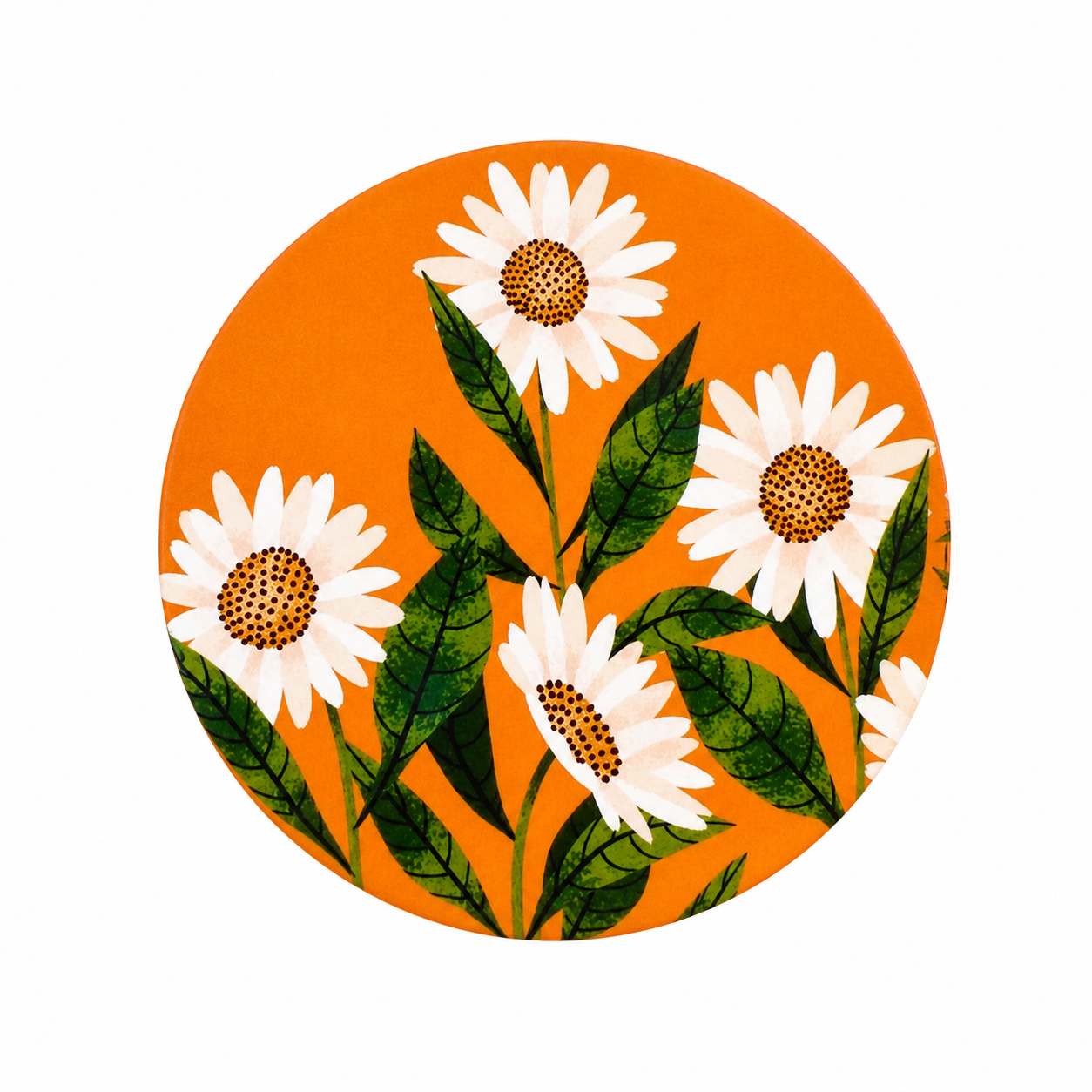White Daisy Floral hard board add-on featuring white daisies with golden centers and green leaves on a vibrant orange background, compatible with interchangeable badge reel bases.