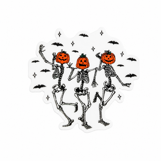 Dancing pumpkin skeletons plastic add-on with jack-o’-lantern heads and bats, compatible with interchangeable badge reel bases.