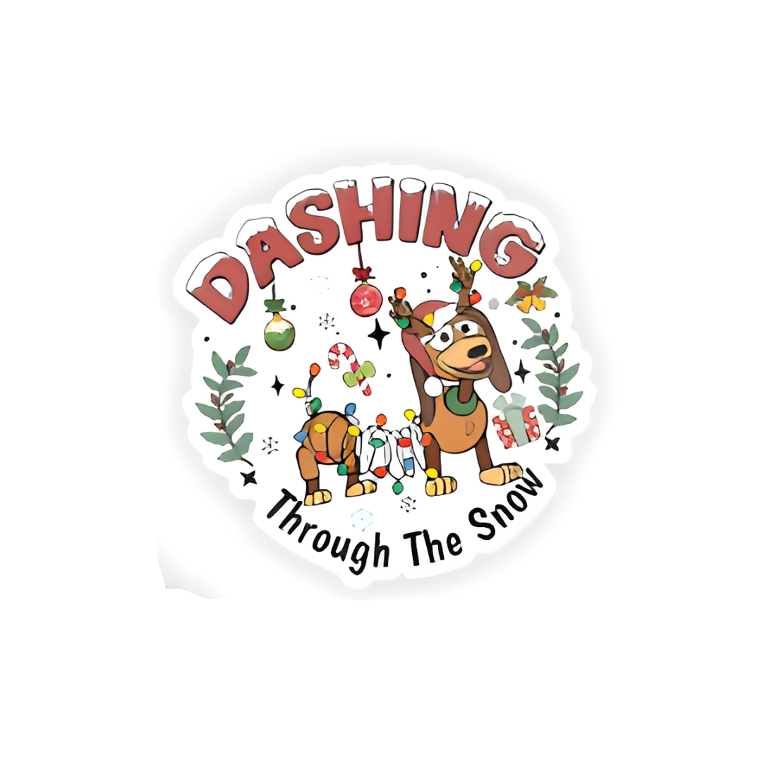 Dashing Through The Snow plastic add-on with festive dachshund and Christmas lights design for compatible interchangeable badge reel bases