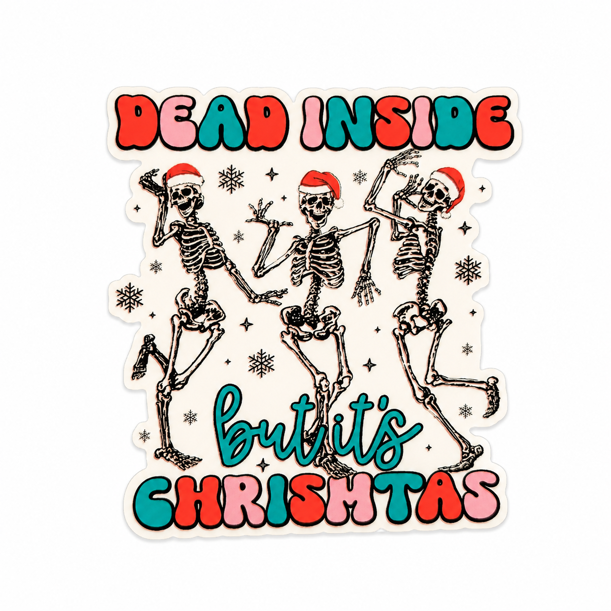 Dead Inside but it’s Christmas plastic add-on with dancing skeletons in Santa hats, compatible with interchangeable badge reel bases
