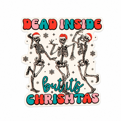 Dead Inside but it’s Christmas plastic add-on with dancing skeletons in Santa hats, compatible with interchangeable badge reel bases