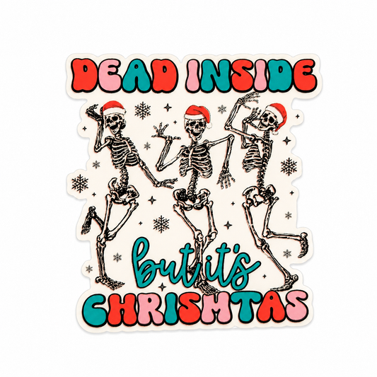Dead Inside but it’s Christmas plastic add-on with dancing skeletons in Santa hats, compatible with interchangeable badge reel bases