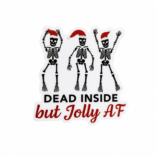 DEAD INSIDE but Jolly AF plastic add-on featuring three dancing skeletons wearing Santa hats, compatible with interchangeable badge reel bases.