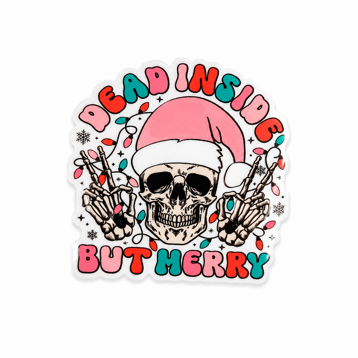 Dead Inside But Merry plastic add-on featuring a skeleton wearing a pink Santa hat with colorful Christmas lights, compatible with interchangeable badge reel bases