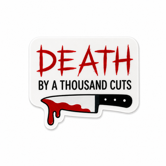 Death by a Thousand Cuts plastic add-on with spooky horror-inspired text and dripping knife design compatible with interchangeable badge reel bases