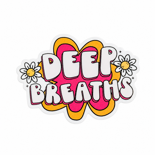 DEEP BREATHS plastic add-on with daisy accents and retro pink flower background, compatible with interchangeable badge reel bases.