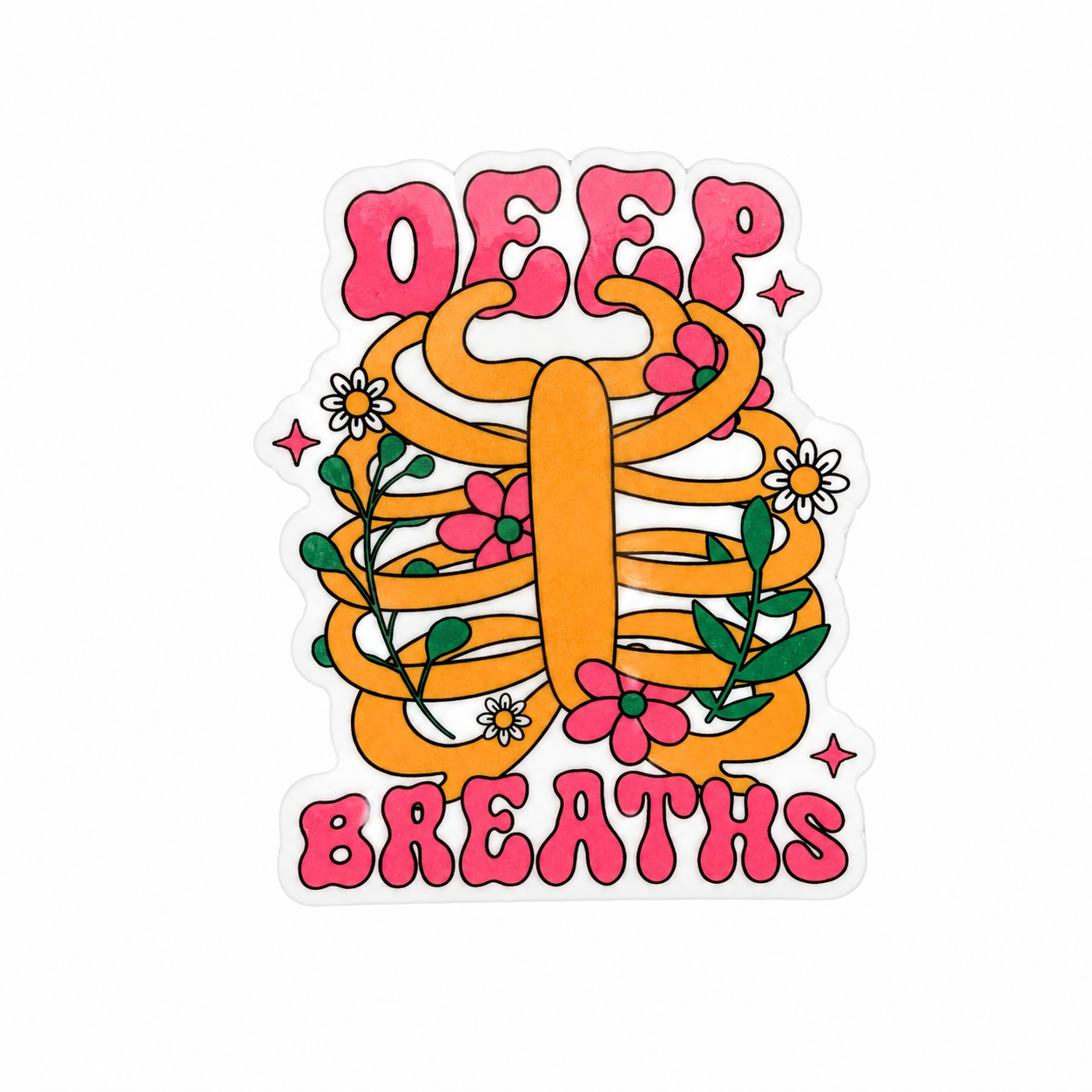 Deep Breaths plastic add-on featuring a floral ribcage design and inspirational message, compatible with interchangeable badge reel bases and ideal for respiratory therapists.