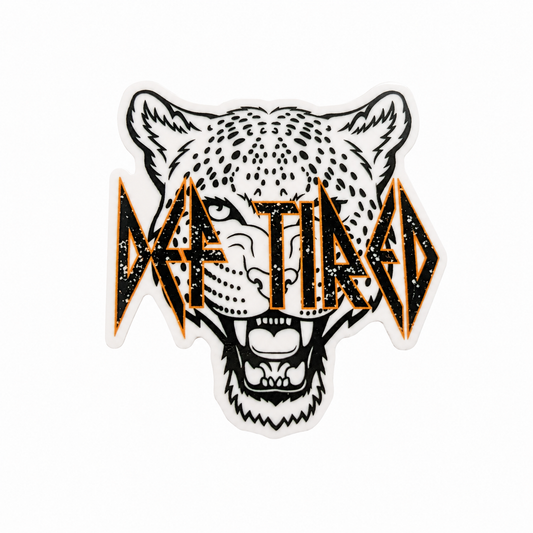 DEF TIRED plastic add-on featuring a bold leopard head design with black and gold lettering, compatible with interchangeable badge reel bases for animal lovers.