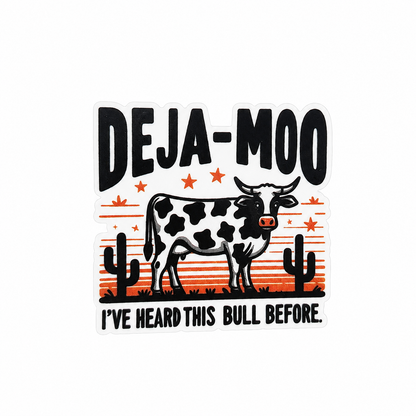 DEJA-MOO I'VE HEARD THIS BULL BEFORE plastic add-on featuring a spotted cow, western cacti, and desert stars, compatible with interchangeable badge reel bases for animal lovers and humor fans