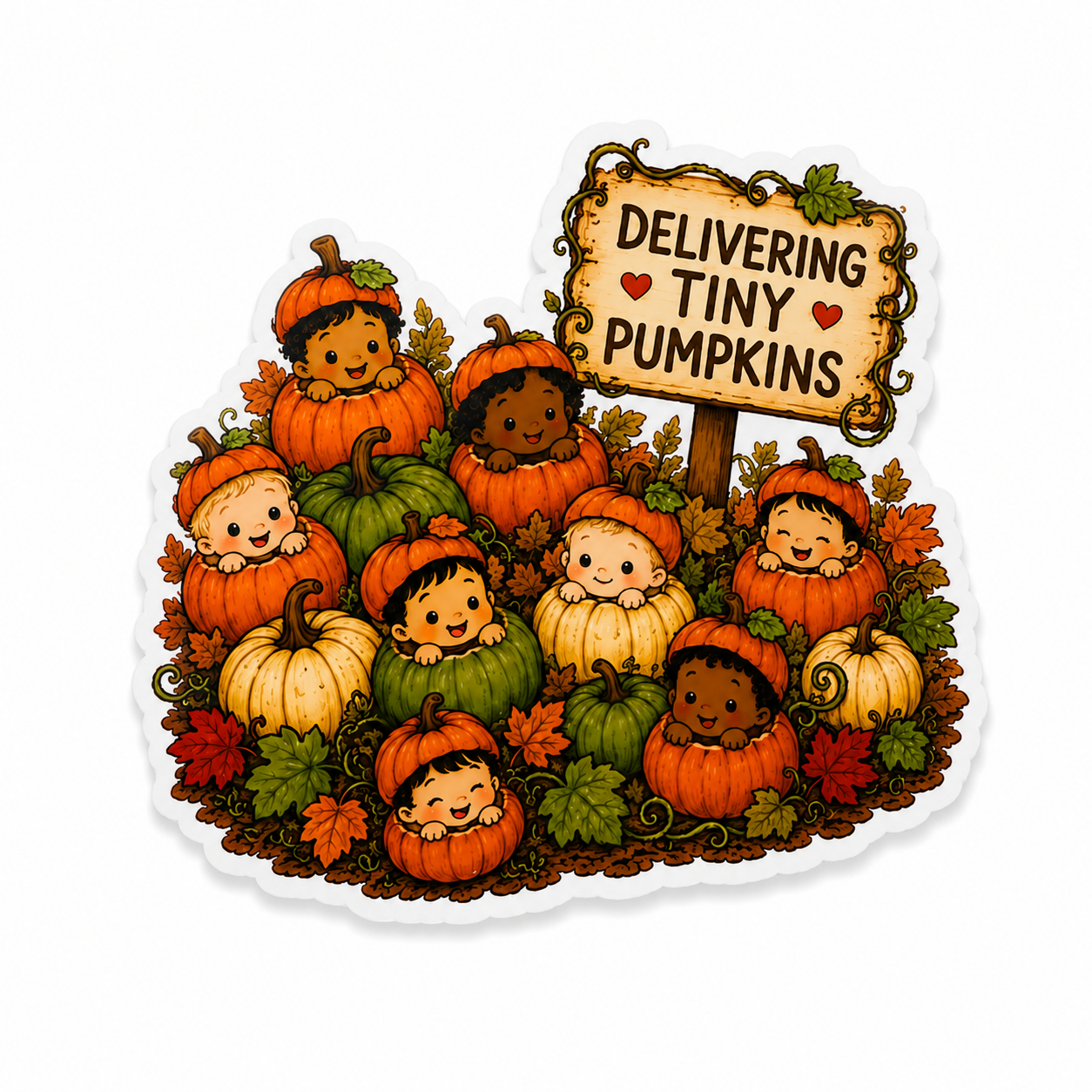 Delivering Tiny Pumpkins plastic add-on featuring adorable babies inside pumpkins with fall leaves, compatible with interchangeable badge reel bases and perfect for Labor and Delivery staff.