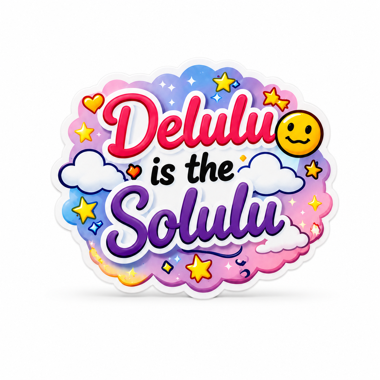Delulu is the Solulu plastic add-on with pink and purple lettering, clouds, stars, hearts, and a smiley face, compatible with interchangeable badge reel bases.