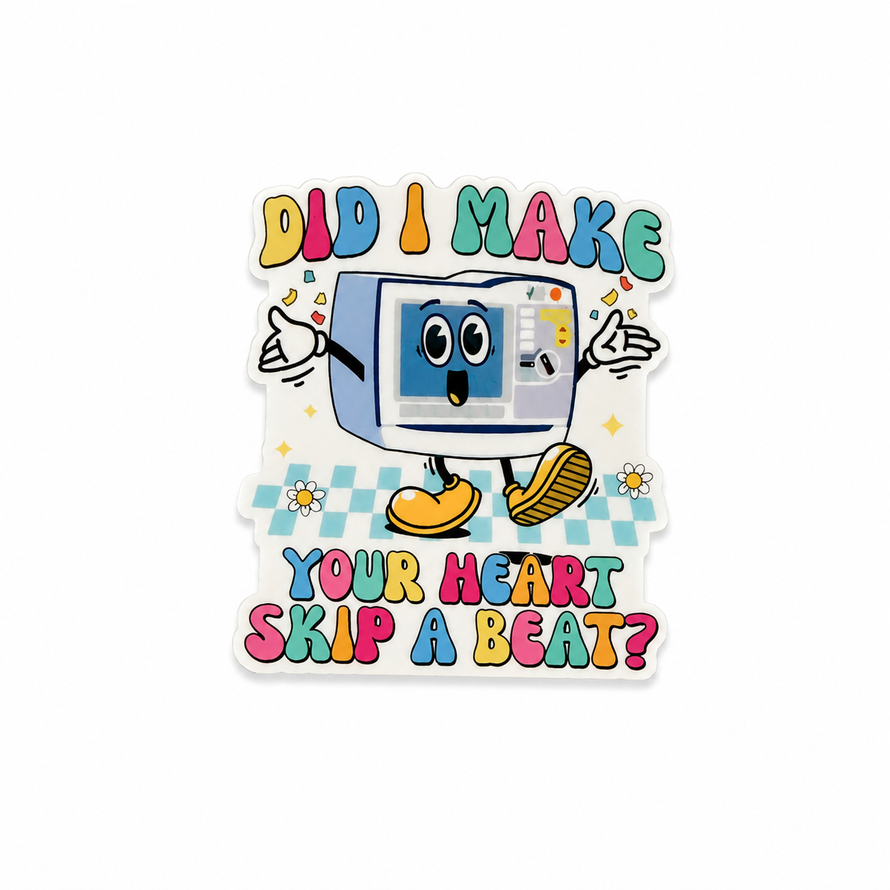 Funny “Did I Make Your Heart Skip a Beat?” plastic add-on for compatible interchangeable badge reel bases featuring a colorful heart monitor design. Perfect for nurses, telemetry staff, and healthcare workers. Plastic add-on only, not a full badge reel.