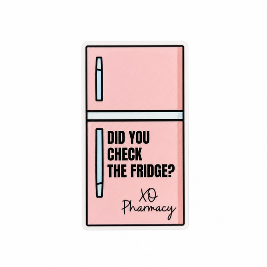 Did You Check The Fridge plastic add-on with pink refrigerator and XO Pharmacy design, compatible with interchangeable badge reel bases.
